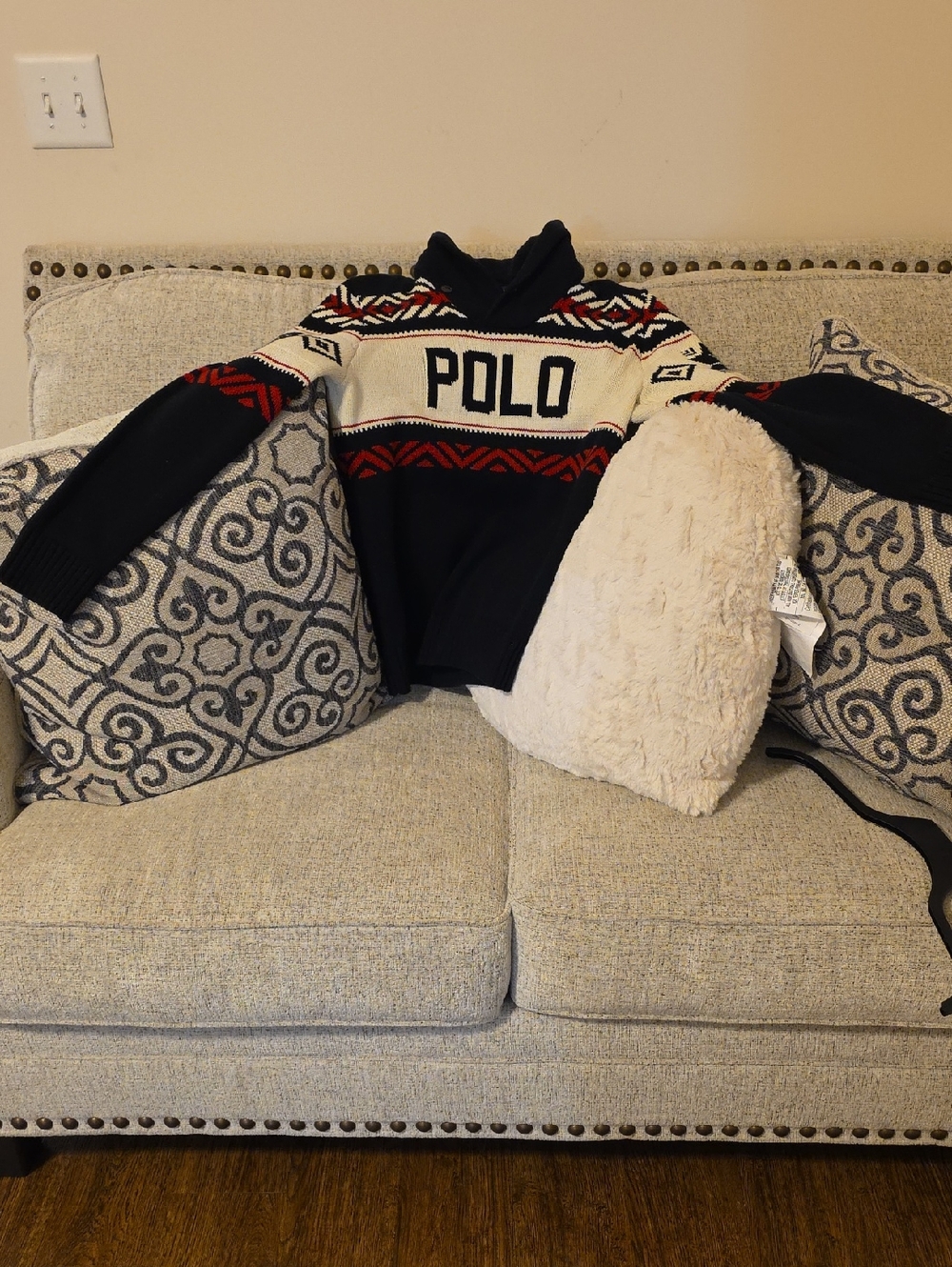 Polo by Ralph Lauren Black, Red & Cream Fair Isle Shawl Collar Sweater